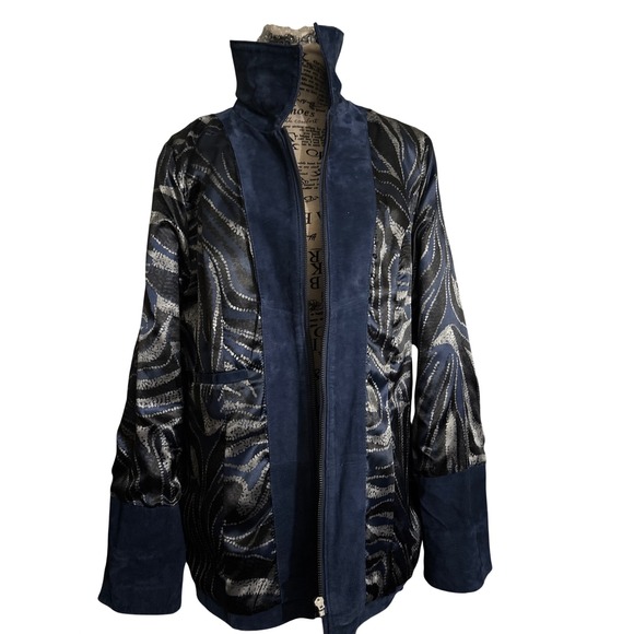 Dennis By Dennis Basso Leather Suede Zip Front Jacket Navy Blue Womens Size M - Picture 8 of 15